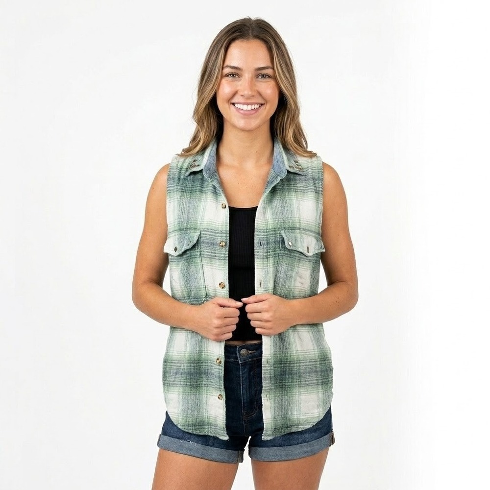 Womens‎ VR Sleeveless Flannel Shirt Green Plaid Studded Collar Grunge Punk Y2K M